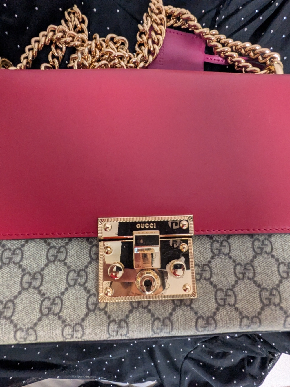 Gucci Pink Leather and GG Supreme Shoulder Bag with Gold Chain